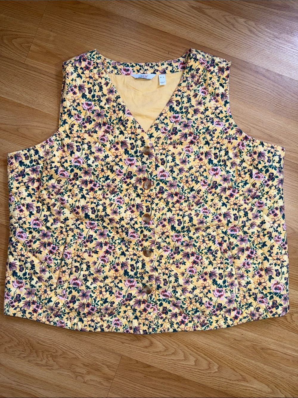 Denim&Co Floral Quilted Button-Front Vest Yellow Size XL Coastal Grandma Cotton